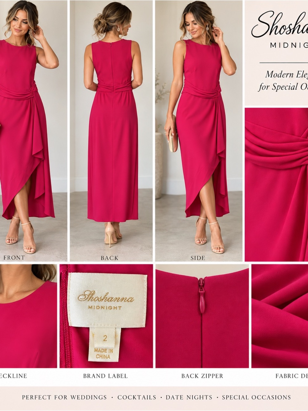 Shoshanna Vibrant Fuchsia Sleeveless Draped Waist Gown